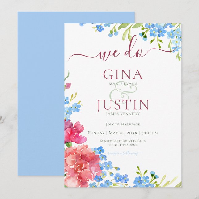 Carnations & Glöm mig inte bröllopsinbjudan. Inbjudningar (Fram/baksida)