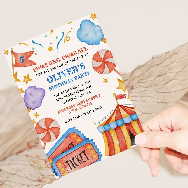 Carnival Biljett och Candy Barns födelsedag Party Inbjudningar (Circus carnival theme kids birthday party invitation)