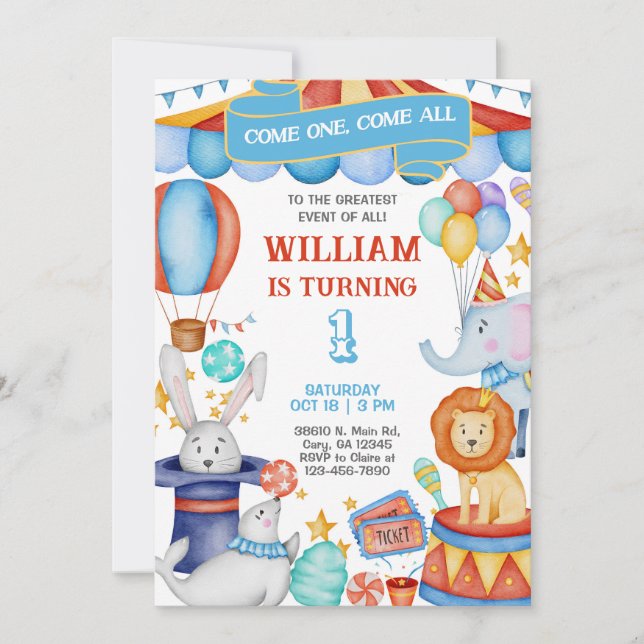 Carnival / Circus blue boy birthday invitation. Inbjudningar (Framsida)