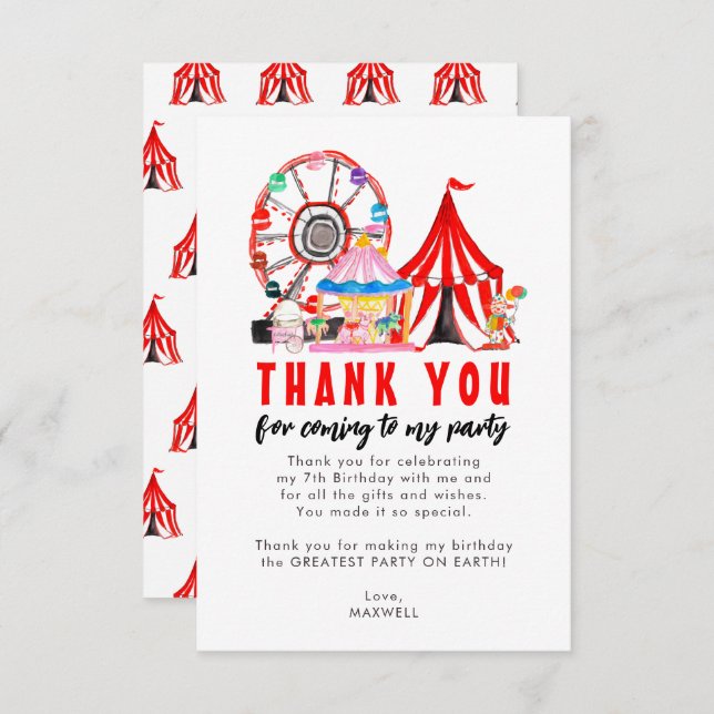 Carnival Circus Clown Ballong Festival Födelsedag Tack Kort (Fram/baksida)