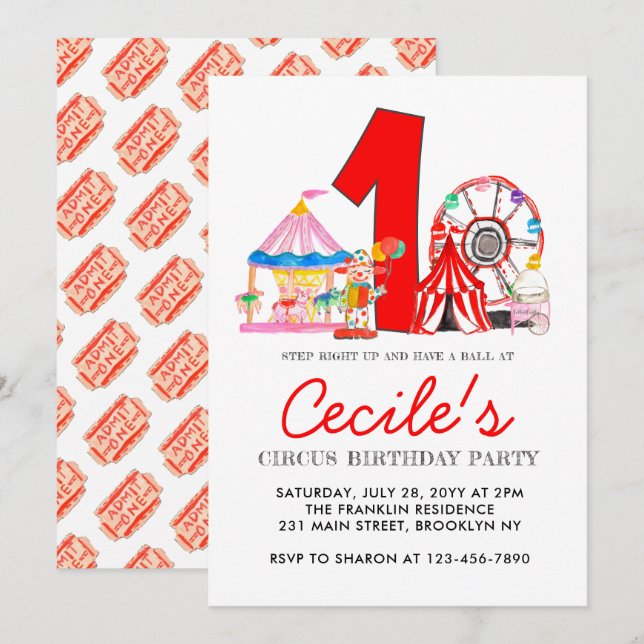 Carnival Circus Fair Party Kid 1:a födelsedag Inbjudningar (Fram/baksida)