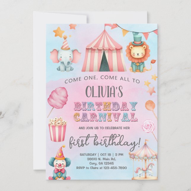 Carnival / Circus pink girl birthday invitation. Inbjudningar (Framsida)