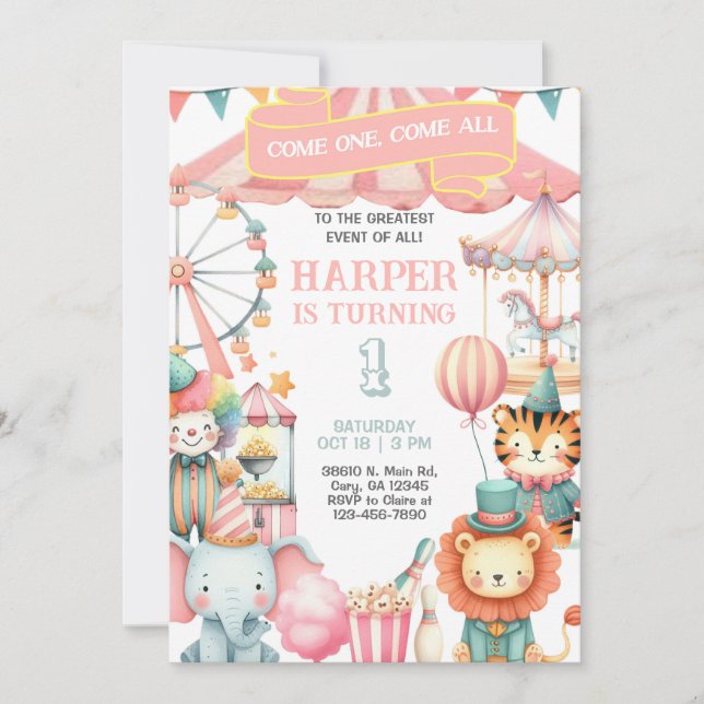 Carnival / Circus pink girl birthday invitation. Inbjudningar (Framsida)