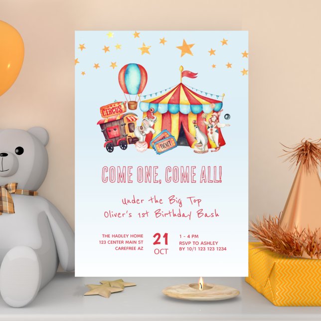 Carnival Circus Pojke 1-års födelsedagsfest Inbjudningar (Skapare uppladdad)