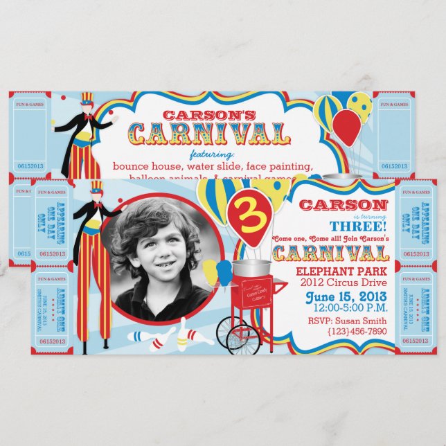 Carnival Circus Stilt Walker Birthday Inbjudningar (Fram/baksida)