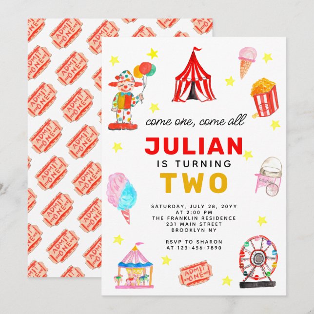 Carnival Circus Tält Clown Popcorn Kid Birthday Inbjudningar (Fram/baksida)