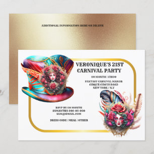 Carnival fantasi dam ro fjädrar runt guld inbjudningar