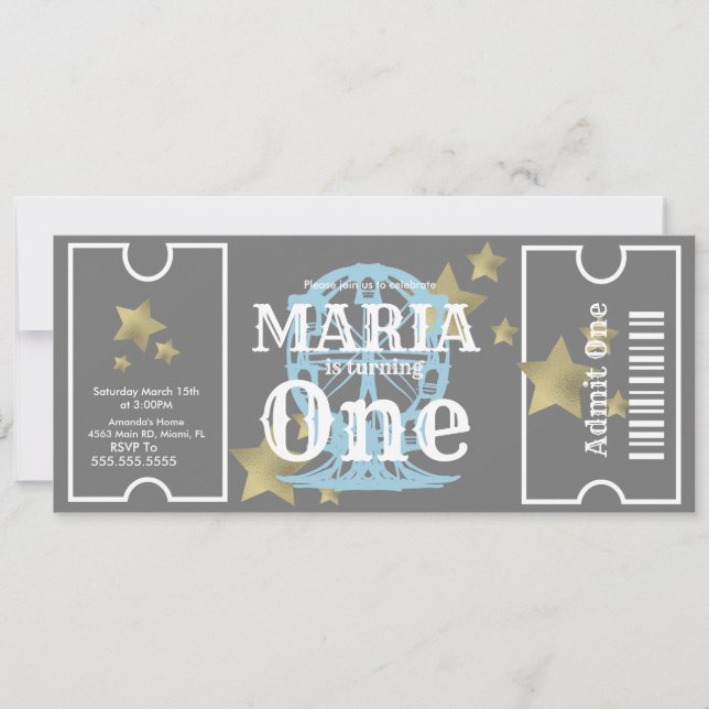 Carnival Ferris Wheel Birthday Biljett Party Grått Inbjudningar (Framsida)