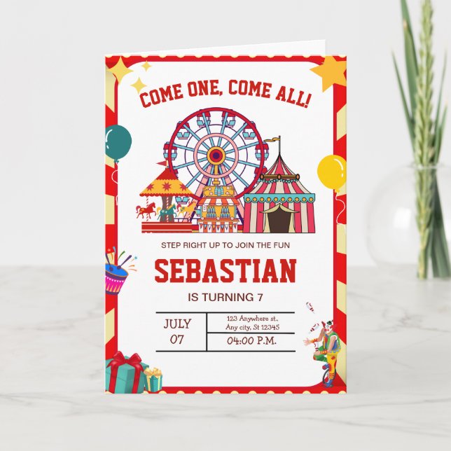 Carnival Födelsedagsinbjudan, Pojkars Cirkus Födel Inbjudan (Framsida)