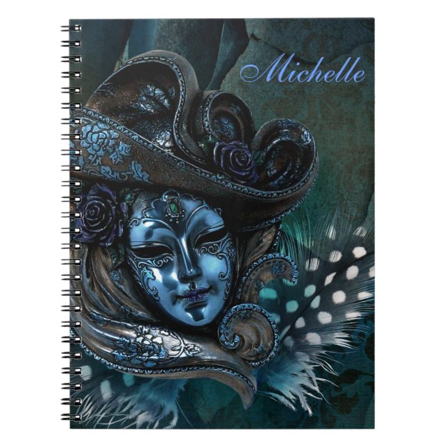 Carnival Mask-Blue Damask Note Bok Anteckningsbok Med Spiral (Framsidan)