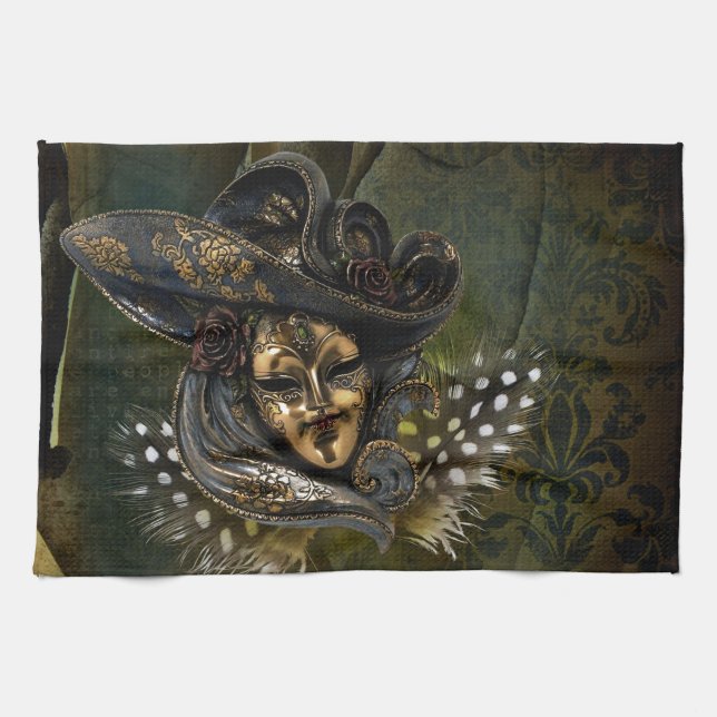 Carnival Mask-Grönt Damask Kitchen Towel Kökshandduk (Horisontell)