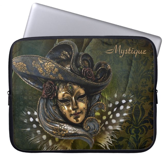 Carnival Mask - Grönt/Guld Damask Laptop sleeve (Framsidan)