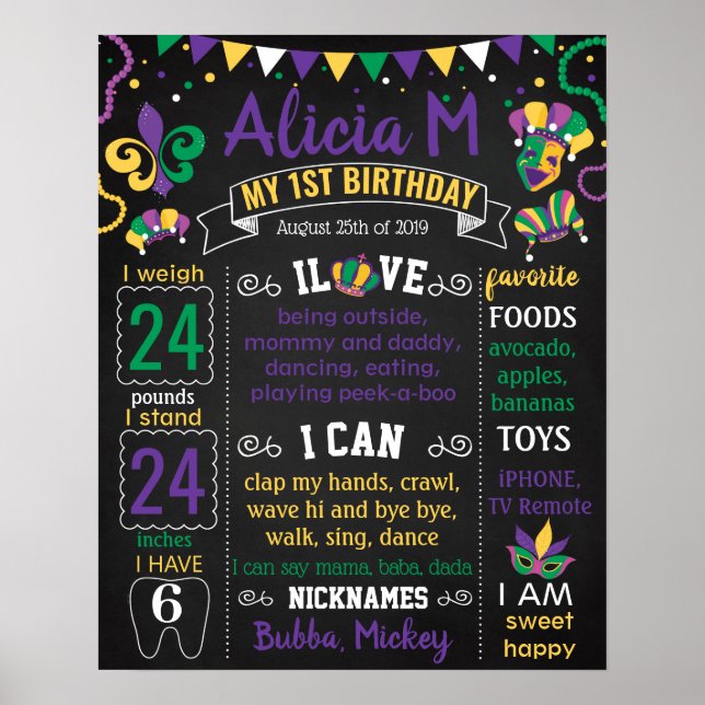 Carnival mask Mardi Gras First Birthday chalkboard Poster (Framsidan)