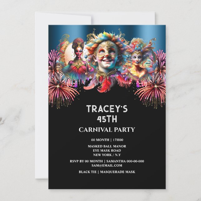 Carnival night cirkus-fyrverkerier, maskerad blå inbjudningar (Framsida)