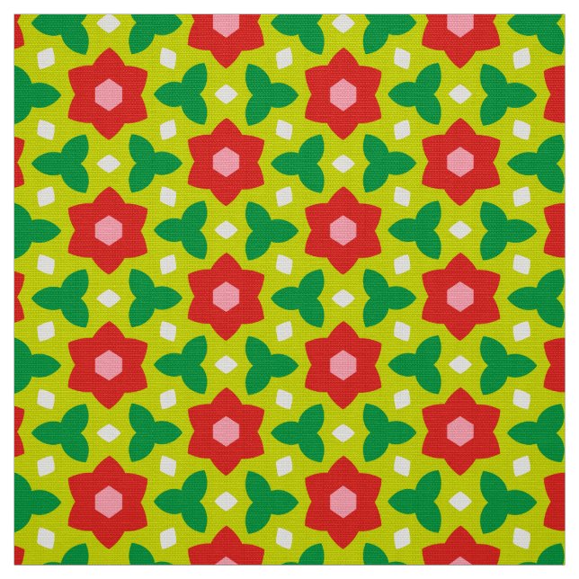 CARNIVAL - Red Geometric Flowers on Grönt Blommigt Tyg (Prov)