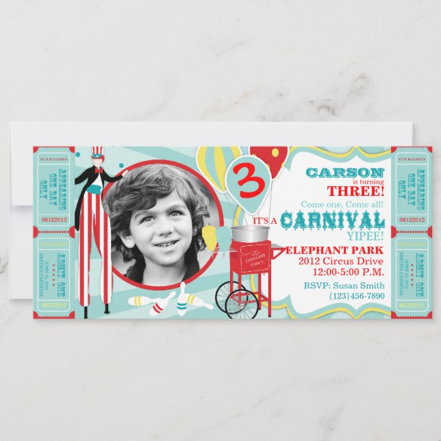 Carnival Stilt Walker och Cotton Candy Birdday Inbjudningar (Framsida)