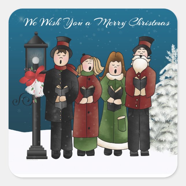 Carolers Winter Scene Fyrkantigt Klistermärke (Framsida)