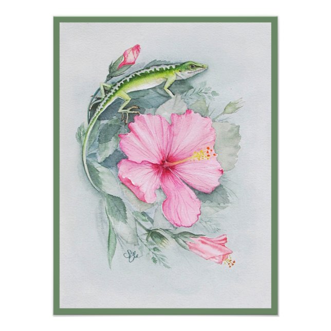 Carolina Anole & Hibiscus Art Photo Enlargement Fototryck (Framsidan)