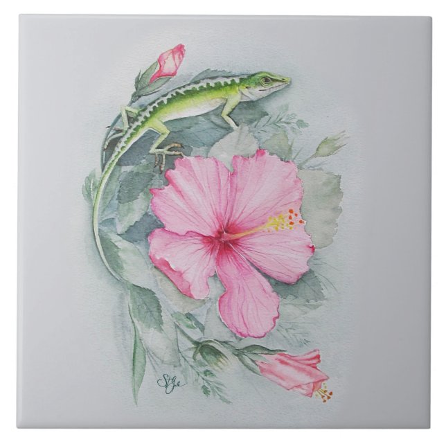 Carolina Anole och Hibiscus Ceramic Tile Kakelplatta (Framsidan)