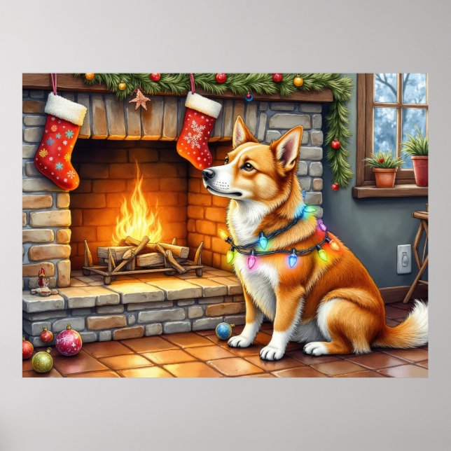 Carolina Dog Eldstäderum med julbelysning Poster (Framsidan)