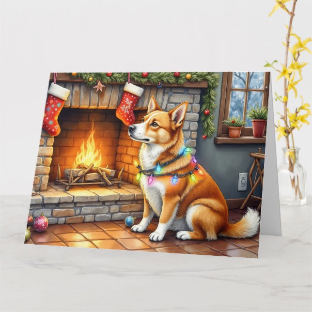 Carolina Dog Fireplace with Christmas Lights Kort (Gul blomma)
