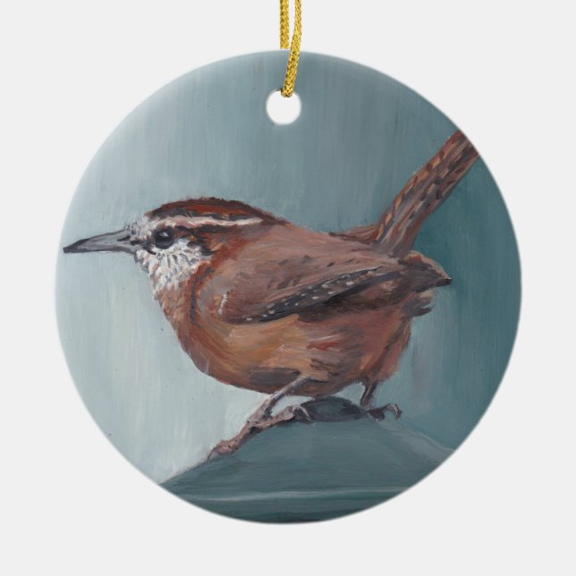 Carolina Wren Bird Art Round Porcelain Ornament (Framsidan)