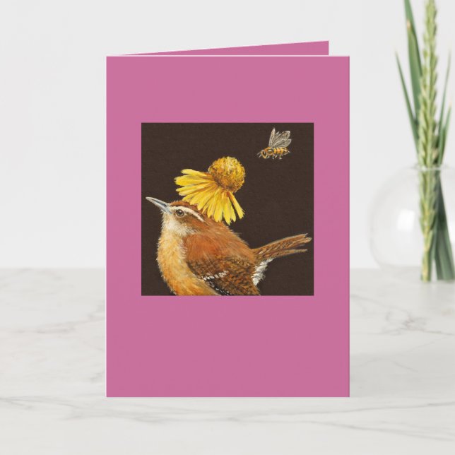 Carolina wren-kort med bin och blomma kort (Framsida)