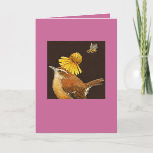 Carolina wren-kort med bin och blomma kort