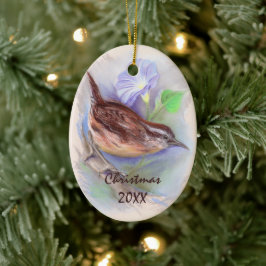 Carolina Wren med God God Flowers Helgdag Julgransprydnad Keramik