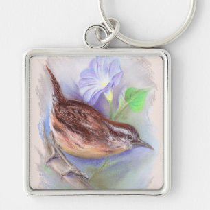 Carolina Wren med GodGlory Flowers Fyrkantig Silverfärgad Nyckelring