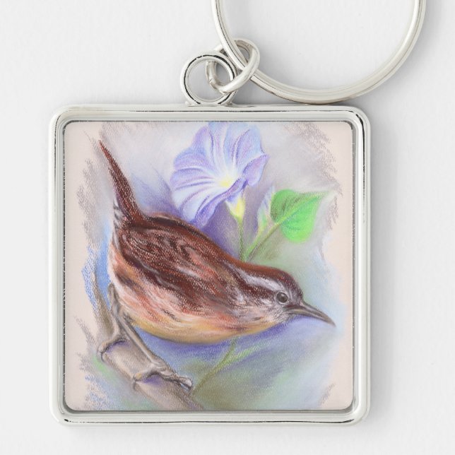 Carolina Wren med GodGlory Flowers Fyrkantig Silverfärgad Nyckelring (Framsidan)