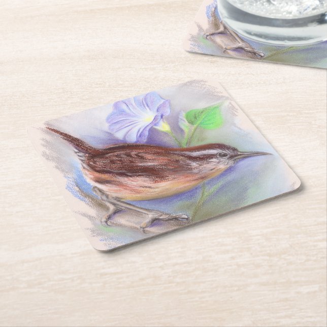 Carolina Wren med GodGlory Flowers Underlägg Papper Kvadrat (Vinklad)