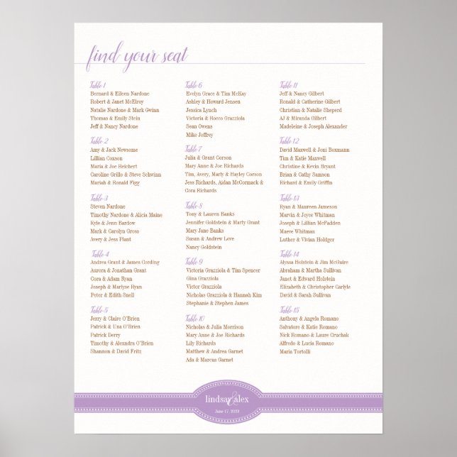 Caroline Seating Chart for Bröllop, Lavender Poster (Framsidan)