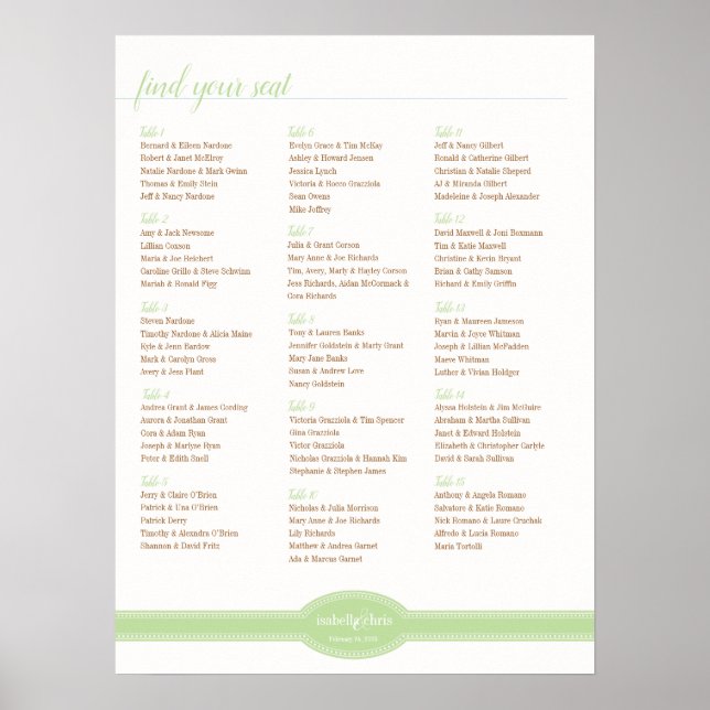 Caroline Seating Chart for Bröllop, Mint Poster (Framsidan)