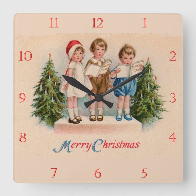 Caroling Kids jul Clock Fyrkantig Klocka (Framsida)