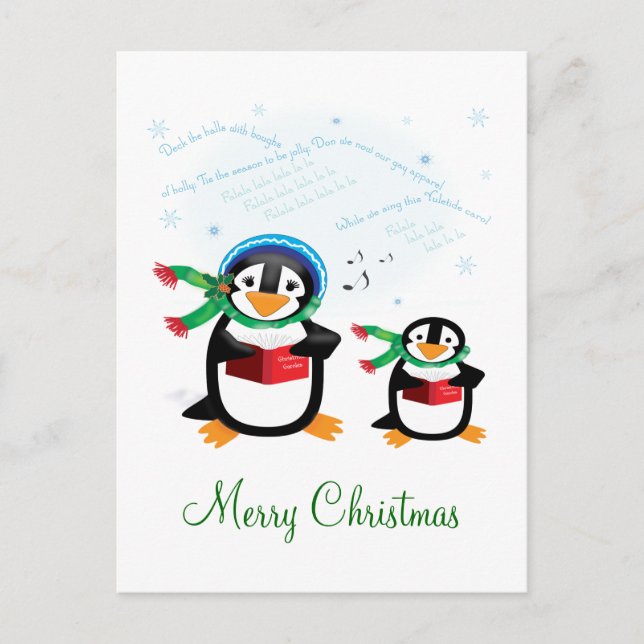 Caroling Penguins - Deck the Halls Postcard Helg Vykort (Framsida)