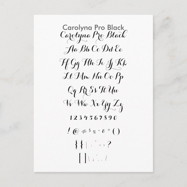 Carolyna Pro Black - Zazzle Font Sampler Lakan Vykort (Framsida)