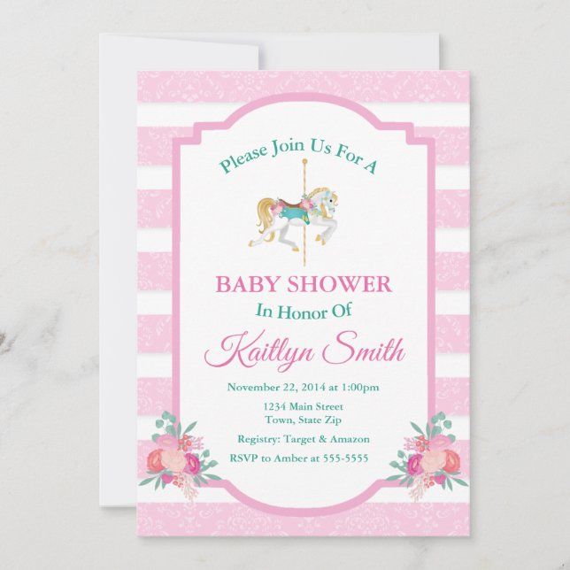 Carousel Baby Shower-inbjudan Merry Go Round Inbjudningar (Framsida)