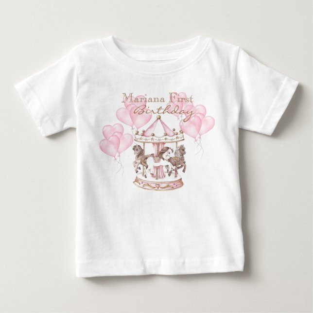 Carousel Ballons Unicorn 1s Girly Födelsedagsfest T Shirt (Framsida)