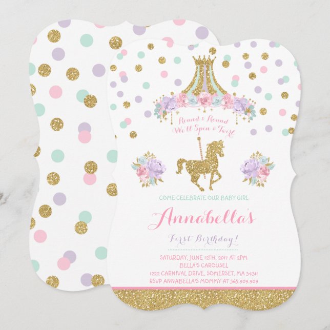 Carousel Birthday Call Blommigt Rosa Mint Guld Inbjudningar (Fram/baksida)