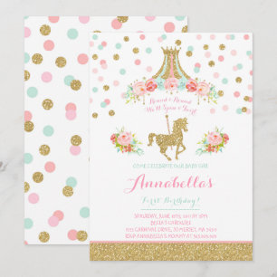 Carousel Birthday Call Blommigt Rosa Mint Guld Inbjudningar