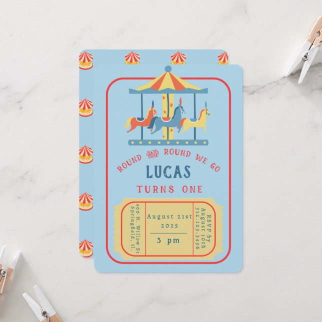 Carousel Birthday Inchange Inbjudningar (Fram/Back In Situ)