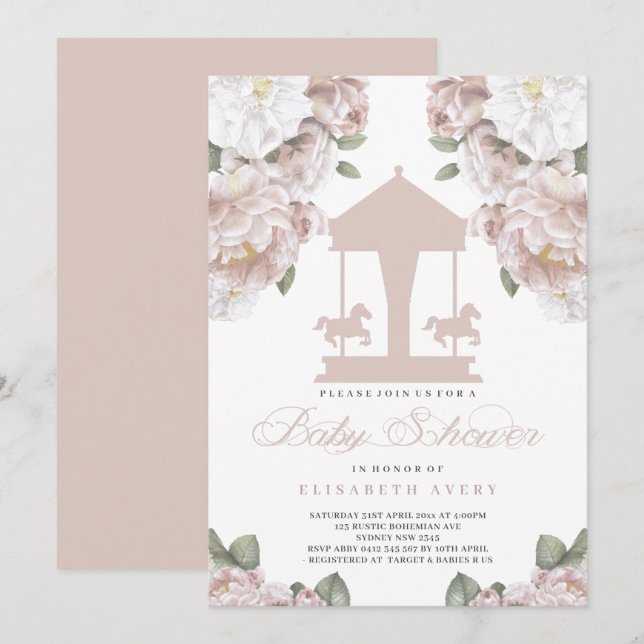 Carousel Blommigt Soft Rosa Baby Shower Inbjudningar (Fram/baksida)