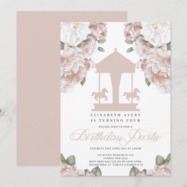Carousel Blommigt Soft Rosa Birthday Inbjudningar (Fram/baksida)