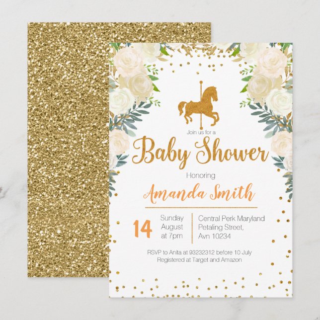 Carousel Guld White Baby Shower-inbjudan Inbjudningar (Fram/baksida)