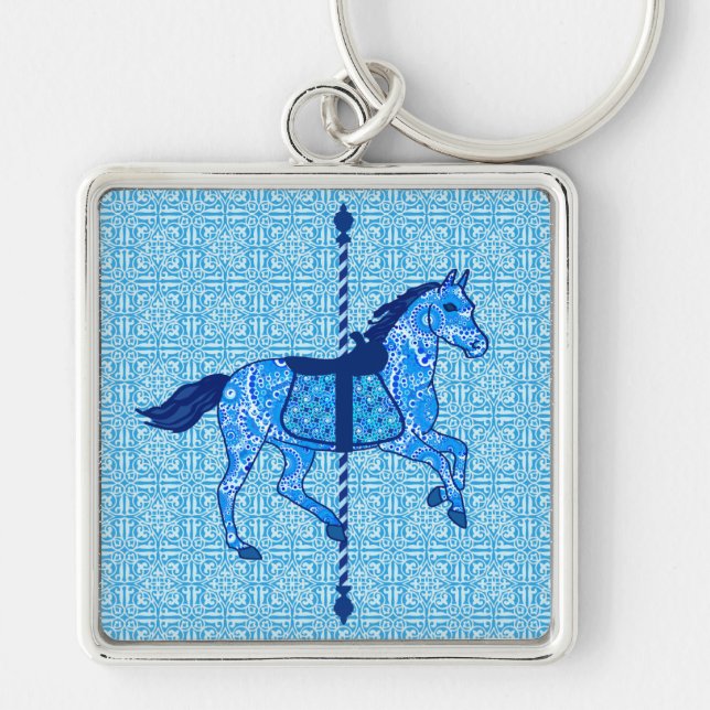 Carousel Horse - Cobalt and Himlar Blue Fyrkantig Silverfärgad Nyckelring (Framsidan)