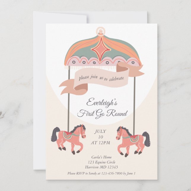 Carousel Horse Go Round First Birthday  Invitation Inbjudningar (Framsida)
