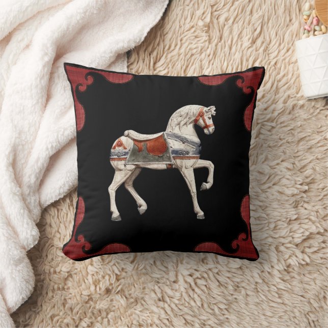 Carousel Horse Red Scalloped Gräns Kudde (Filt)