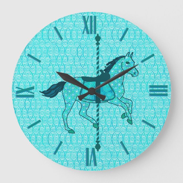 Carousel Horse - Turquise och Aqua Stor Klocka (Framsida)