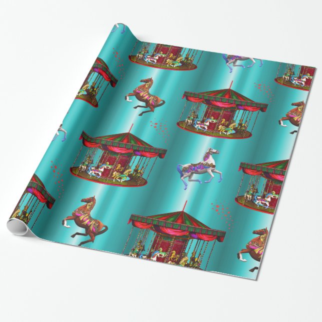 Carousel Horses on Blue Presentpapper (Utrullad)